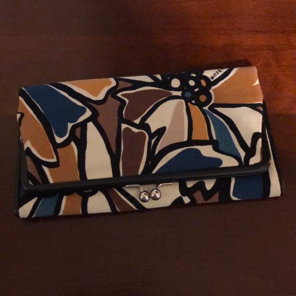 Brighton Floral Canvas Wallet in Blue, Brown, Tan, Cream